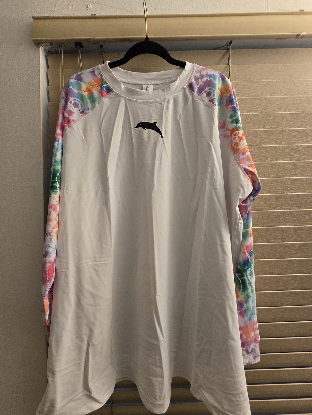 Amazon Women's White Rash Guard with Multicolor Tie-Dye Sleeves - Picture 2 of 2